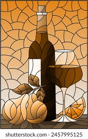 Illustration in the style of a stained glass window with a still life, a bottle of red wine, a glass and fruit, a rectangular image, tone brown