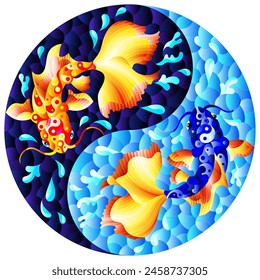 An illustration in the style of a stained glass window with koi carp on a background of water in the form of a yin yang sign