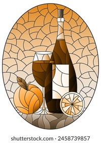 Illustration in the style of a stained glass window with a still life, a bottle of wine, a glass and fruit, oval image, tone brown