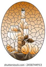 Illustration in the style of a stained glass window with a still life, a bottle of white wine, a glass and fruit, oval image, tone brown