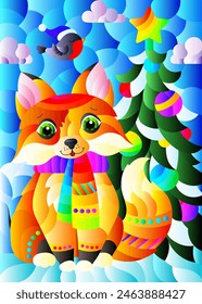 An illustration in the style of a stained glass window with a cartoon fox on the background of a winter landscape