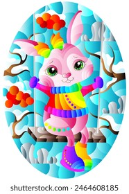 An illustration in the style of a stained glass window with a cartoon bunny on the background of a winter landscape