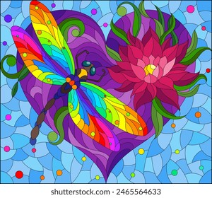 An illustration in the style of a stained glass window with a bright dragonfly , lotus flower and heart on a blue background