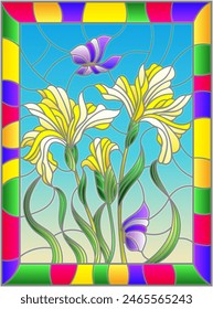 An illustration in the style of a stained glass window with bright purple iris flowers and butterflies on a blue sky background in a bright frame