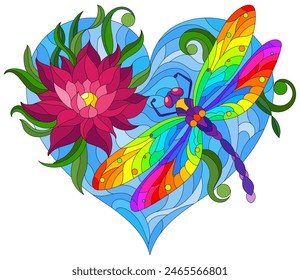 An illustration in the style of a stained glass window with a bright dragonfly , lotus flower and heart isolated on a white background