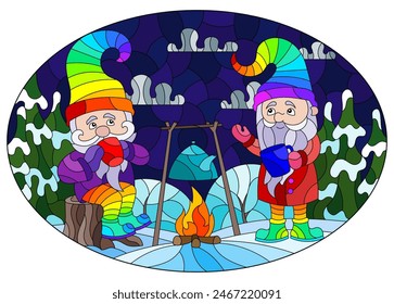 An illustration in the style of a stained glass window with gnomes around a campfire on the background of a winter landscape