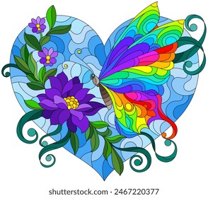 An illustration in the style of a stained glass window with a bright butterfly , lotus flower and heart isolated on a white background