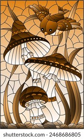 Illustration in the style of a stained glass window with a mushrooms, grass and a burd on, rectangular image,tone brown