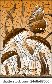 Illustration in the style of a stained glass window with a mushrooms, grass and a butterfly, rectangular image, tone brown