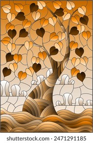 An illustration in the style of a stained glass window with an abstract tree on the background of fields and a cloudy sky, tone brown