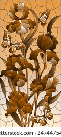 An illustration in the style of a stained glass window with a composition of iris flowers and butterflies, tone brown