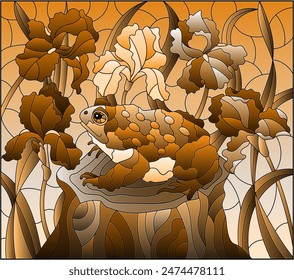 An illustration in the style of a stained glass window with a toad on a stump surrounded by colorful irises and blue sky, tone brown