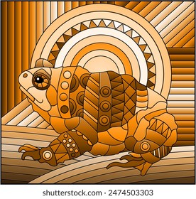 An illustration in the style of a stained glass window with an abstract toad and the sun on a geometric background, tone brown