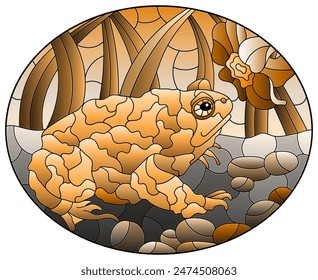 An illustration in the style of a stained glass window with a toad on a stump and narcissus flower and sky background, tone brown