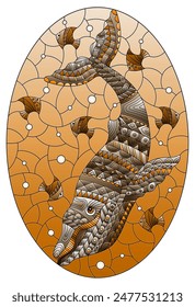 An illustration in the style of a stained glass window with an abstract whale on a background of water and air bubbles, oval image, tone brown
