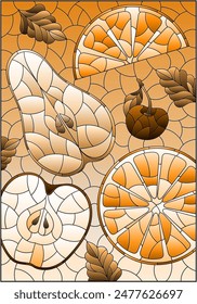 An illustration in the style of a stained glass window with juicy fruits and berries, tone brown