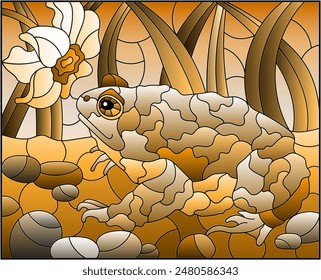 An illustration in the style of a stained glass window with a toad on a stump and narcissus flower and sky background, tone brown