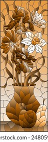 Illustration in the style of a stained glass window with a floral still life, flowers and fruits, tone brown