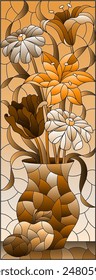 Illustration in the style of a stained glass window with a floral still life, flowers and fruits, tone brown