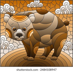 Illustration in the style of a stained glass window with a cute cartoon bear on the background of a meadow and a cloudy sky, tone brown