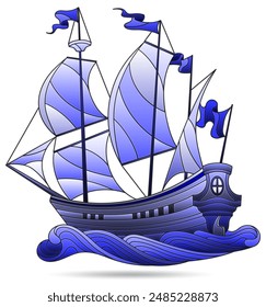 Illustration in the style of a stained glass window with a sailing ship, isolated on a white background, tone blue