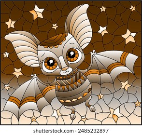 Illustration in the style of a stained glass window with a cute cartoon bat, an animal on the background of a starry night sky, tone brown