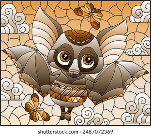 Illustration in the style of a stained glass window with a cute cartoon bat, an animal on the background of a cloudy sky, tone brown