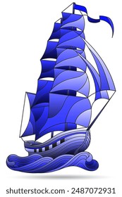 Illustration in the style of a stained glass window with a sailing ship, isolated on a white background, tone blue