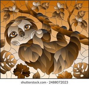 An illustration in the style of a stained glass window with a cute cartoon sloth, on a tree branch, a rectangular image, tone brown