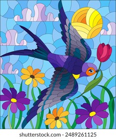 An illustration in the style of a stained glass window with a swallow and flowers on a sky background