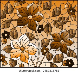 Illustration in the style of a stained glass window with a floral arrangement , rectangular image, tone brown