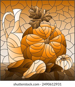 Illustration in the style of a stained glass window with a vegetable still life, vegetables , rectangular image, tone brown