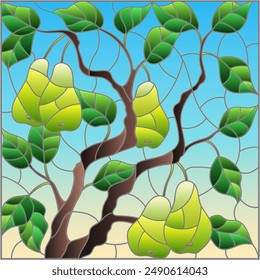 Illustration in the style of a stained glass window with the branches of pear  tree , the fruit branches and leaves against the sky