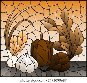 An illustration in the style of a stained glass window with a composition of ripe fresh vegetables on a table, tone brown