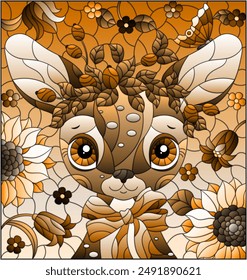 An illustration in the style of a stained glass window with a cute cartoon fawn on a background of leaves, flowers and the sky, tone brown