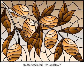 Illustration in the style of a stained glass window with the branches of olive  tree , the  branches, leaves and berries against the sky, tone brown