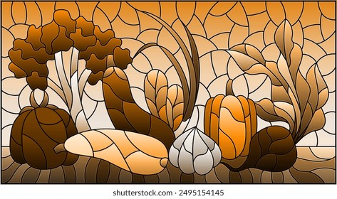 An illustration in the style of a stained glass window with a composition of ripe fresh vegetables on a table, tone brown