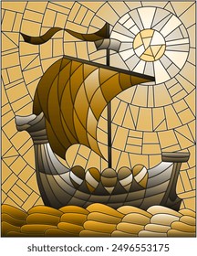 An illustration in the style of a stained glass window with an ancient Viking boat on the background of the ocean and sky, tone brown