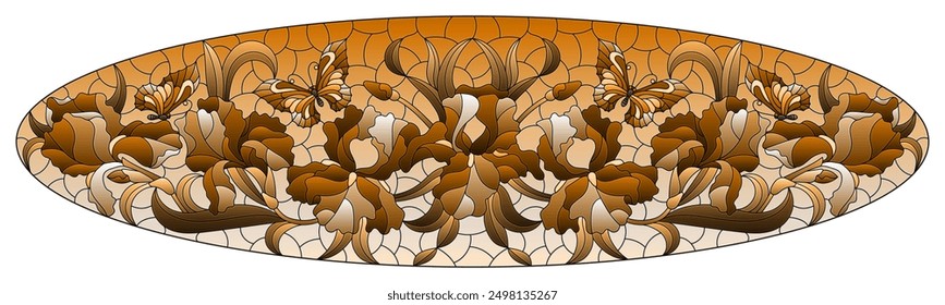 An illustration in the style of a stained glass window with a composition of iris flowers and butterflies, tone brown