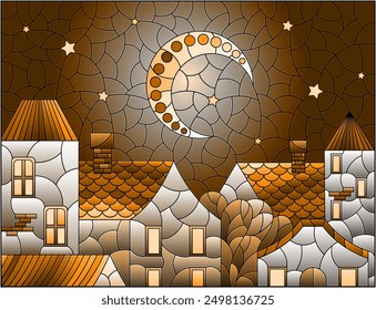 An illustration in the style of a stained glass window with an urban landscape against the background of the night starry sky and the moon, tone brown