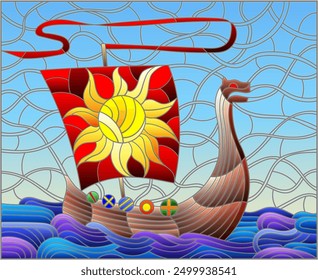 An illustration in the style of a stained glass window with an ancient Viking boat on the background of the ocean and sky