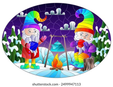 An illustration in the style of a stained glass window with gnomes around a campfire on the background of a winter landscape