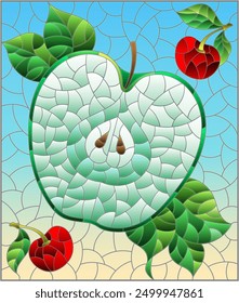 An illustration in the style of a stained glass window with a apple, cherries and leaves on a blue background