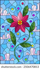 An illustration in the style of a stained glass window with a bright flower on a background of blue sky and clouds