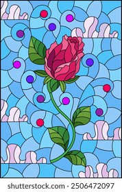 An illustration in the style of a stained glass window with a bright rose flower on a background of blue sky and clouds