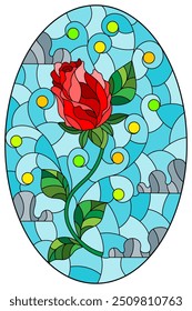 An illustration in the style of a stained glass window with a bright rose flower on a background of blue sky and clouds