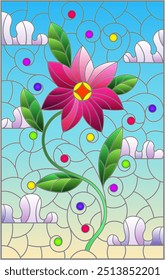 An illustration in the style of a stained glass window with a bright flower on a background of blue sky and clouds