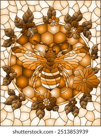 Illustration in the style of a stained glass window with a bee in a circle on a background of honeycombs and flowers, rectangular image, tone brown