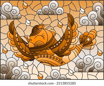 Illustration in the style of a stained glass window with a bird on a background of sky and clouds, tone brown