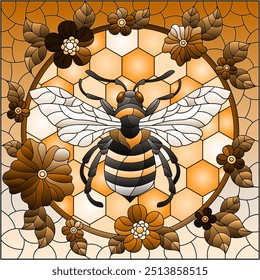 Illustration in the style of a stained glass window with a bee in a circle on a background of honeycombs and flowers, rectangular image, tone brown